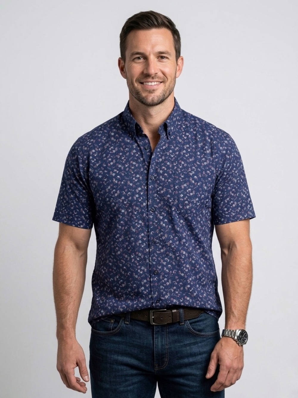 142 PAUL & SHARK Men's Short Sleeve Button Down Patterned Shirt - Blue, XL